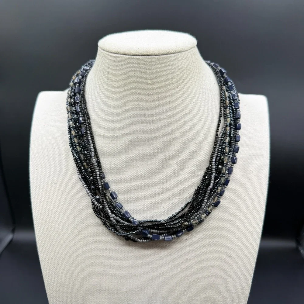 Multi Strand Black Gray Blue Beaded Statement Necklace Layered Boho AdjustableMu